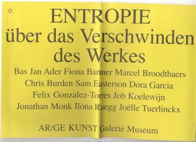 Entropie: über das Verschwinden des Werkes : Bas Jan Ader ... ; [anlässlich der Ausstellung: Entropie: über das Verschwinden des Werkes, 17.09. - 31.10.2004, AR/GE KUNST, Galerie Museum]
